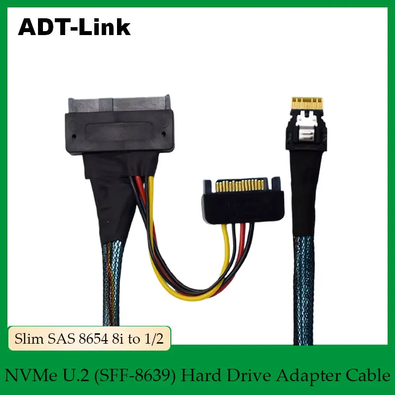 ADT-Link SlimSAS 8654 8i to 2 NVMe U.2 (SFF-8639) for Hard Drive Adapter Cable 70CM SFF 8639 8654 4i 24GB/s Mico 8x to U.2 8639