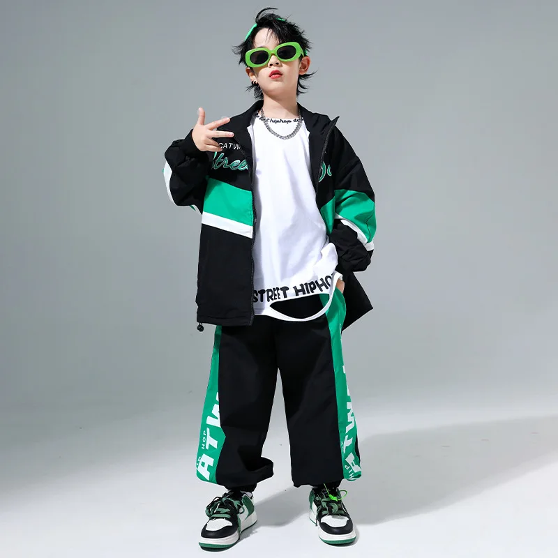 Boys Hip Hop Contrast Bomber Jacket Sport Pants Girls Street Dance Coat Streetwear Kids Jazz Clothes Children School Uniform