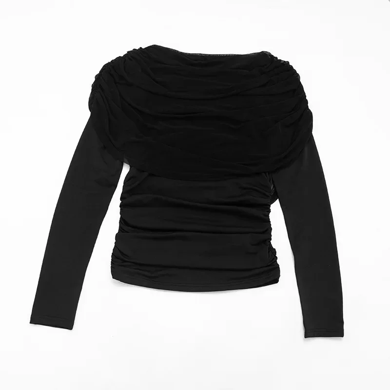 2026 Frühling Sommer Damen Langarm-T-Shirt mit drapiertem Kragen, plissiertem Schal, schmal geschnitten, Stretch-Oberteil, elegant, lässig, Alltagskleidung – Detail 16