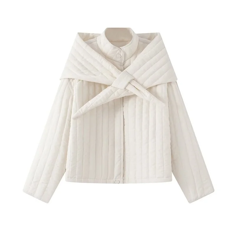 取り外し可能なスカーフ付きコットンジャケット、スタンドカラー、レディースアウター、春秋2025、ロング丈、ボタン留め、通勤スタイル