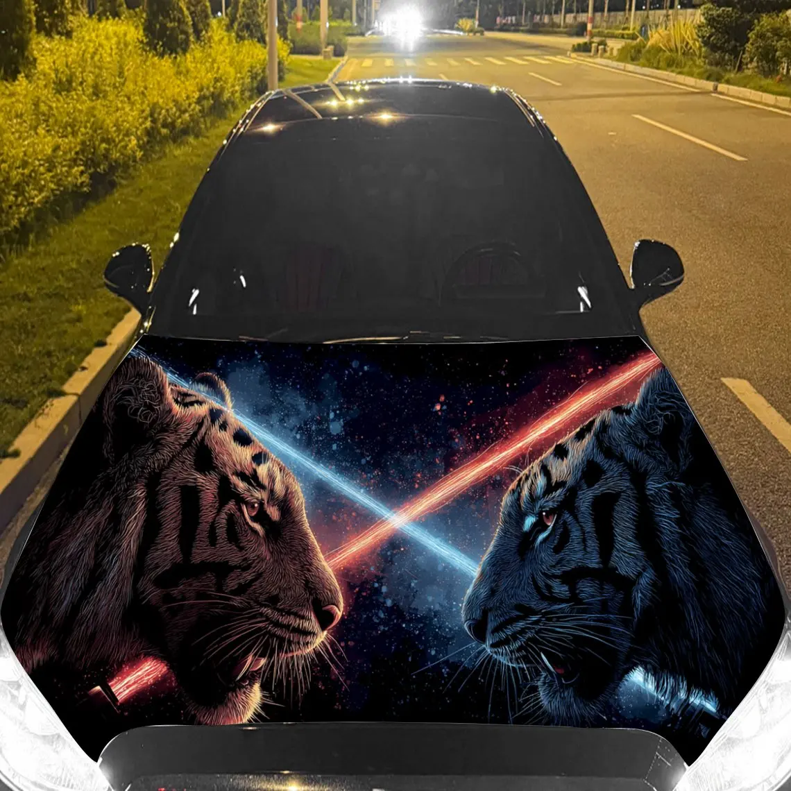 Majestic Tiger Light Saber Duel Car Hood Film, Car Exterior Scratch Resistant Decal, Beautifying Appearance, Trendy Gift for Car