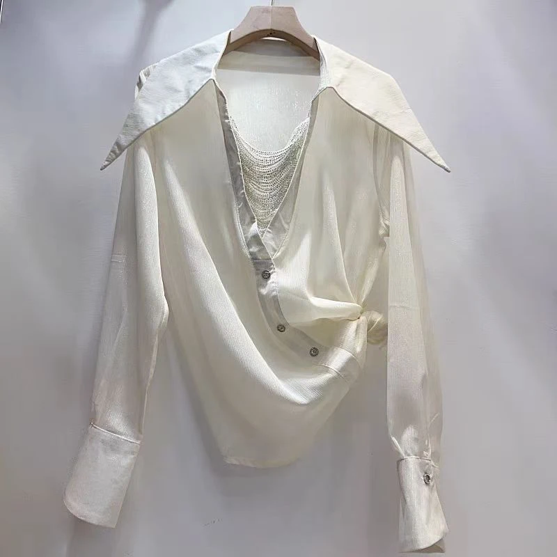 

French Trendy Metal Tassel V-Neck Chiffon Shirt For Women's Spring Summer Solid Color Niche Versatile Pullover Casual Loose Top