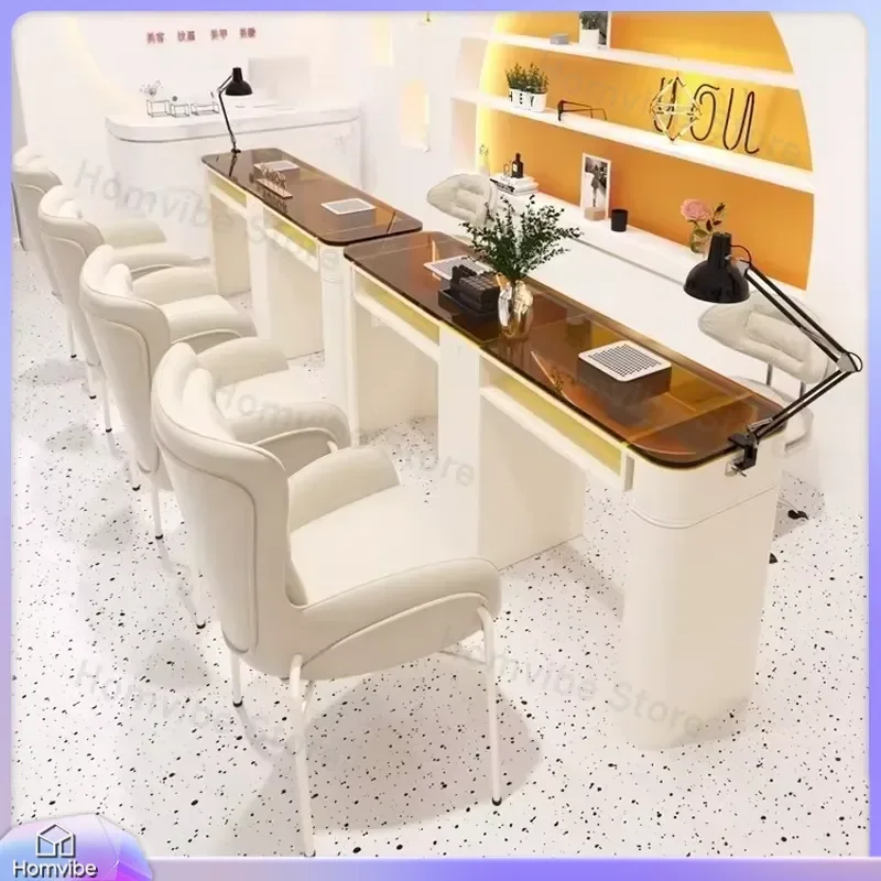 Modern Double Manicure Table with Glass Countertop for Nail Salon Furniture Vacuum Cleaner Built-in Luxury Nail Station