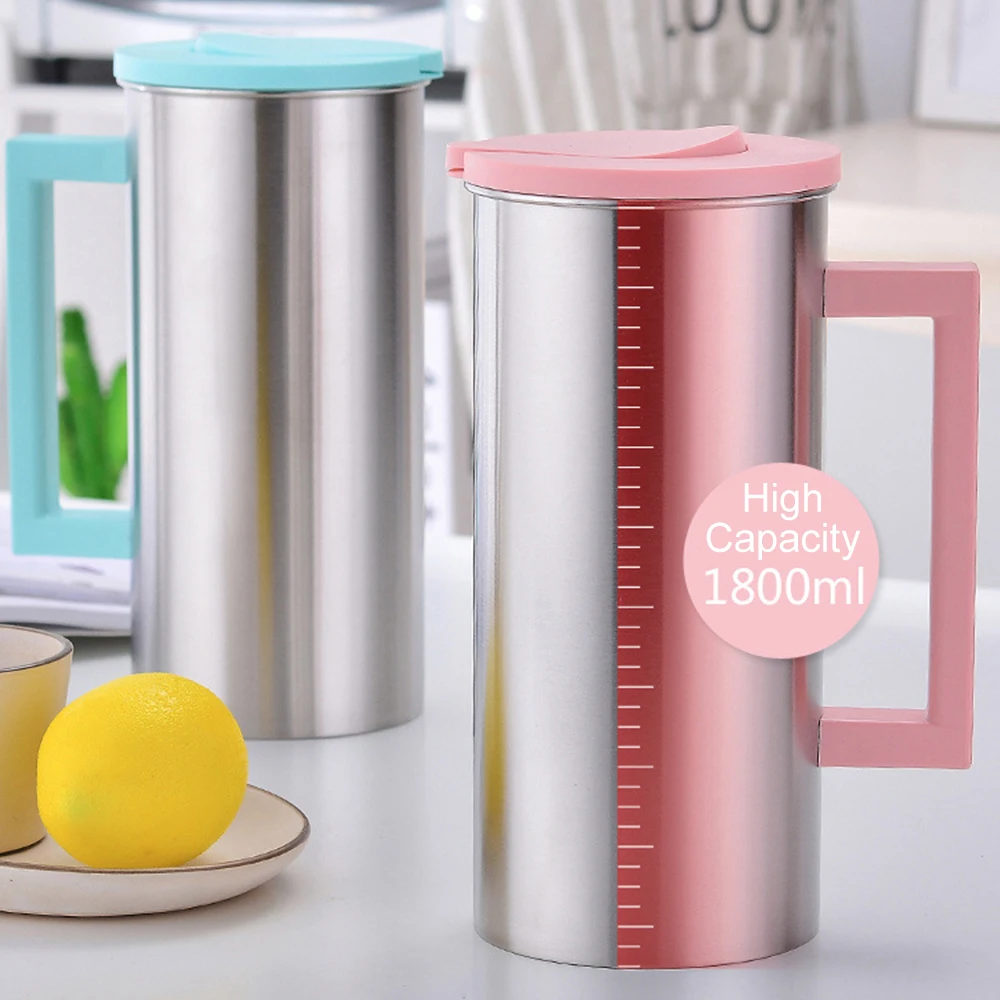 1.8 Liter Large Stainless Steel Water Pitcher Jug Drinks Juice Beverage Jugs for Home Kitchen Shop Cafe Office Use