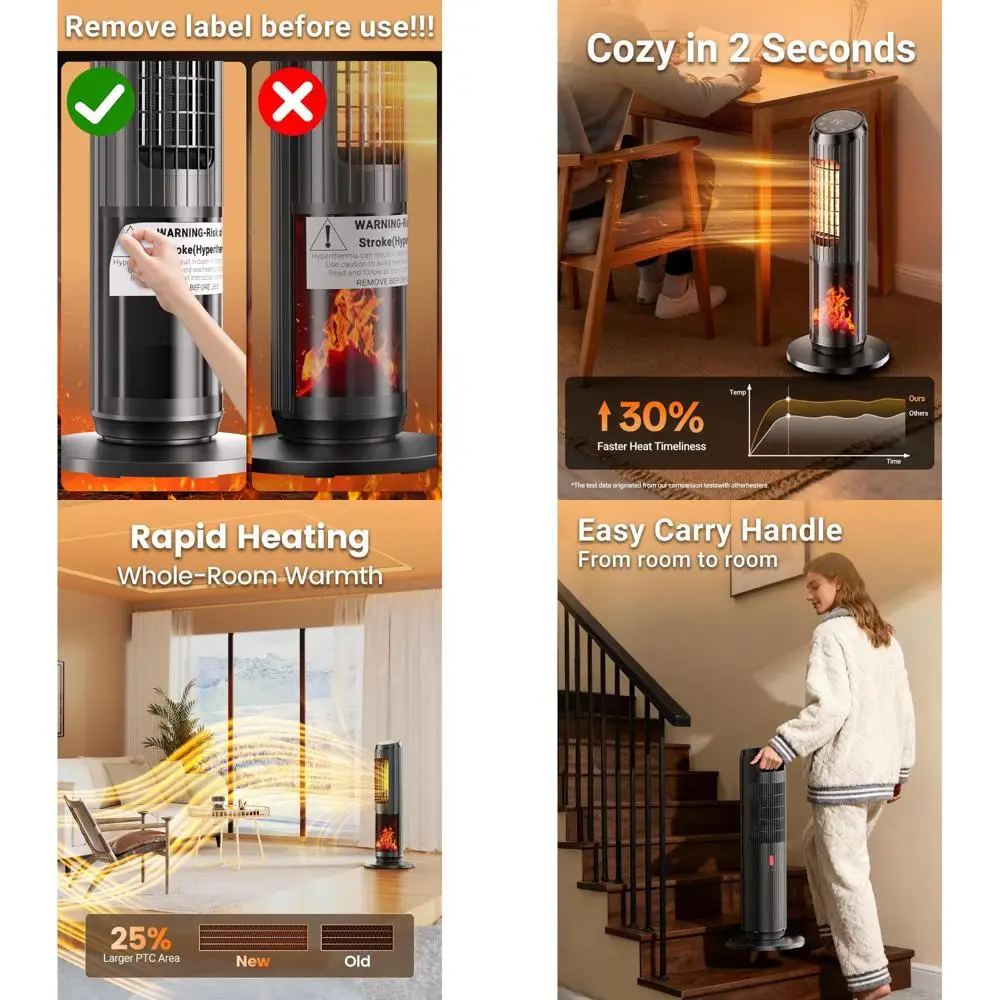 

Portable 1500W PTC Indoor Heater with Thermostat, Remote, 70° Oscillation, and 8 Safety Features for Quiet Use in Offices and Be