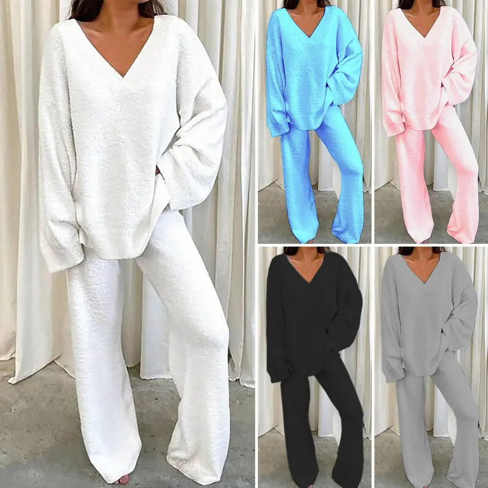 2 Pcs/Set Women Pajamas Set Loose Long Sleeves Elastic Waist Warm Sleeping Clothes Wide Leg Homewear Set For Winter