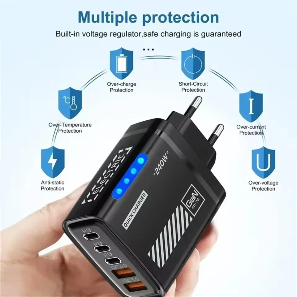 240W Charger 5-in-1 GaN Phone Charger Quick Charging Charger For Phone Xiaomi EU/US/UK Plug  LED Light Wall Adapter Charger