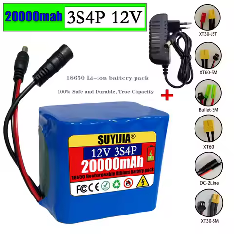 12V 3S4P 20000mah battery 18650 Li-ion 20Ah Rechargeable batteries with BMS Lithium Battery packs Protection Board +Charger
