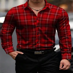 2024 novo clássico masculino listrado xadrez camisa de manga comprida masculino clássico vermelho casual moda camisa topo