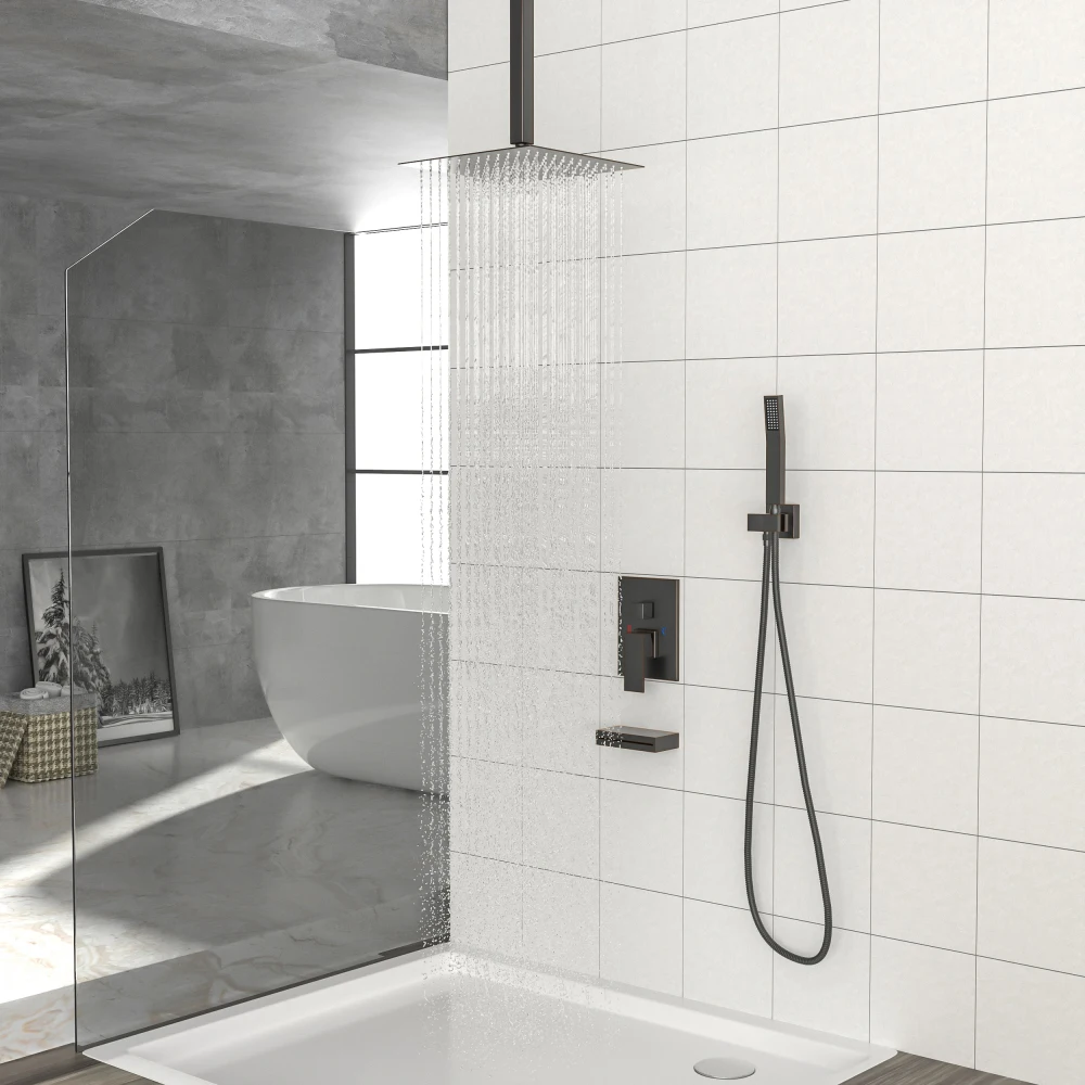 Shower System with Waterfall Tub Spout,12 Inch Ceiling Mount Square Shower System with Rough-in Valve,Oil Rubber Bronze