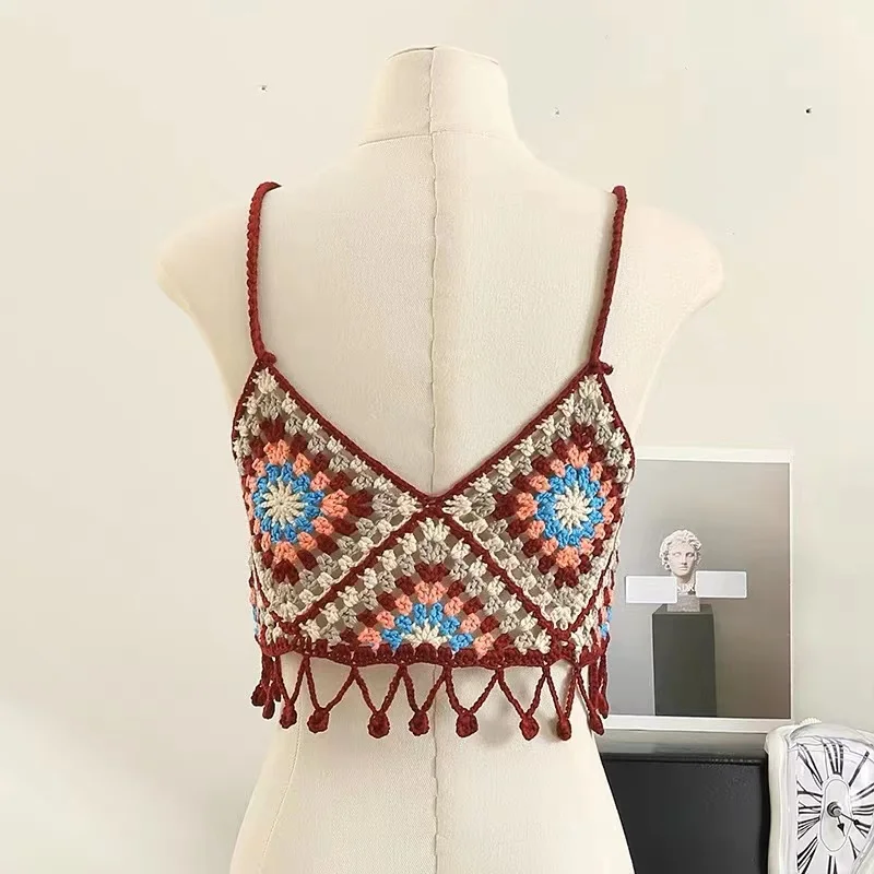 OUMEA Women Crochet Crop Tops Vintage Knitting Fringed Cami Tops Summer Beach Cute Vest