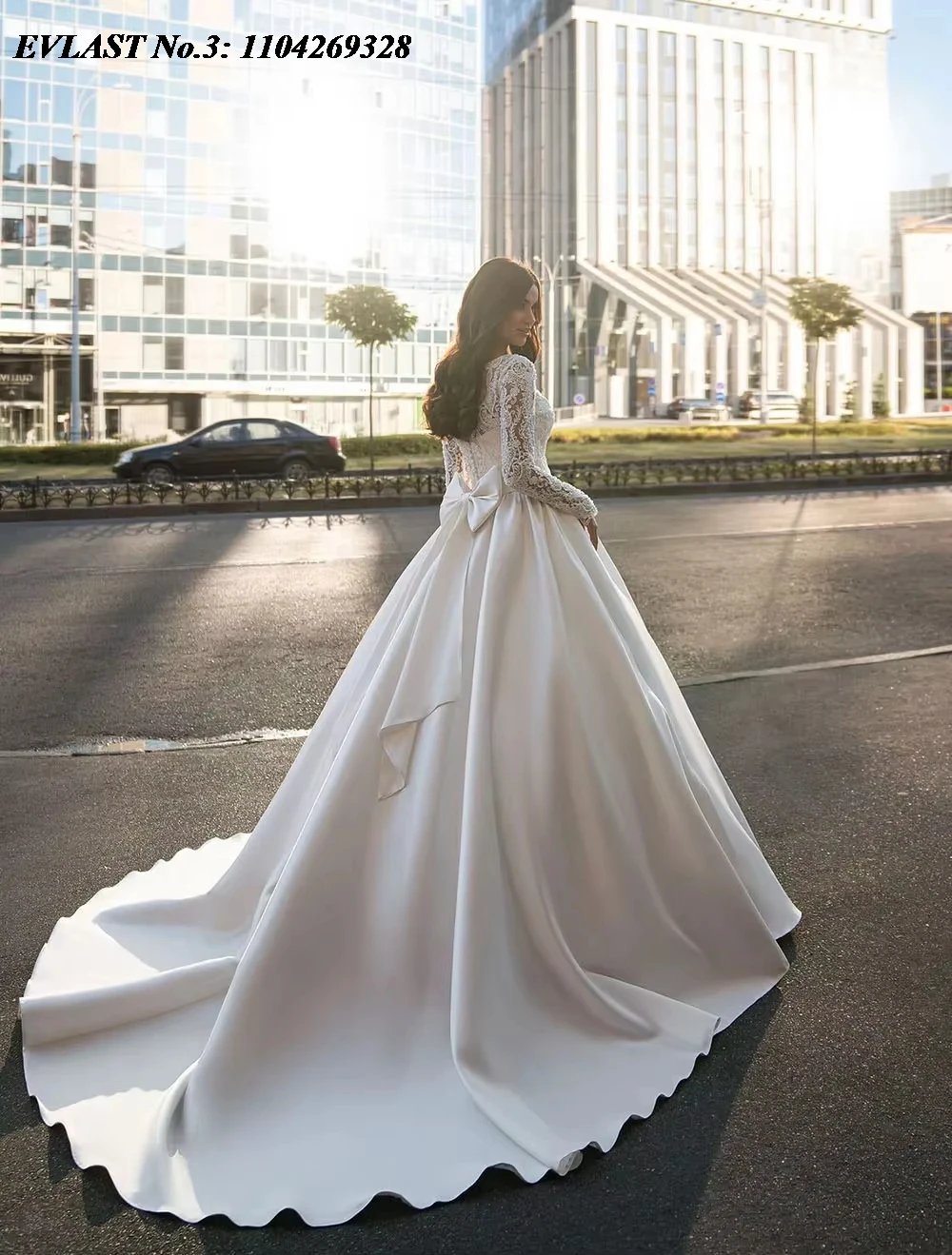 EVLAST Customized Princess A Line Wedding Dress Lace Applique Crystal Beaded Long Sleeve Bridal Gown Vestidos De Novia E3WA79