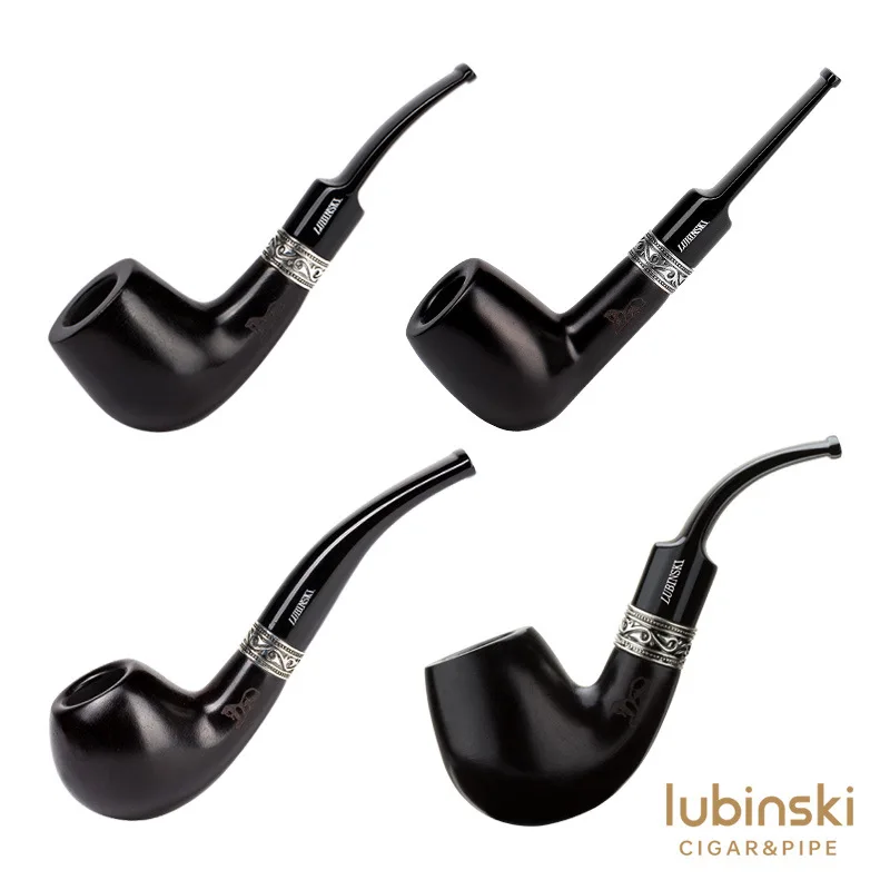 LUBINSKI Bent Straight Style Ebony Pipe Wooden 9MM Tobacco Pipe Silver Round Decoration with Pipe Bag Smoke Accessories