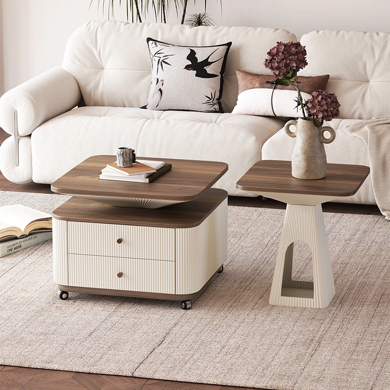 Set for Living Room with Movable Casters and Storage Drawer End Table Portable Square Coffee Table