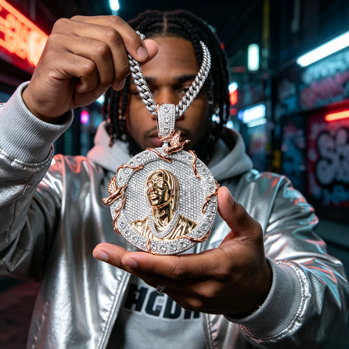 Iced Out 3D Portrait Medallion Pendant Two‑Tone Hip Hop Round Bling With Vine Bird Heart‑Cut Charm Rapper Streetwear Men Jewelry