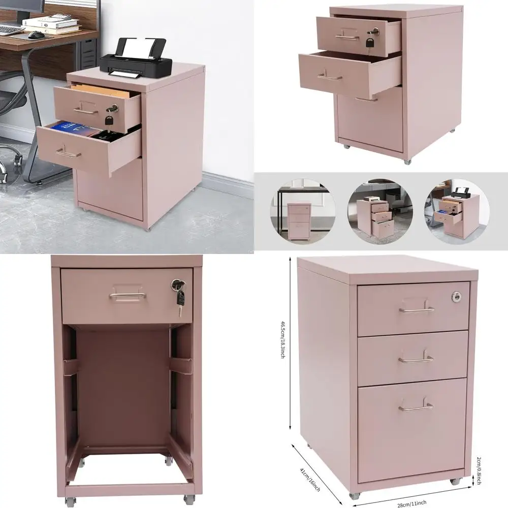 

Металлический шкаф для документов с 3 ящиками и замком, розовый, для офиса, кабинета и хранения, 11x16x18,3 дюйма