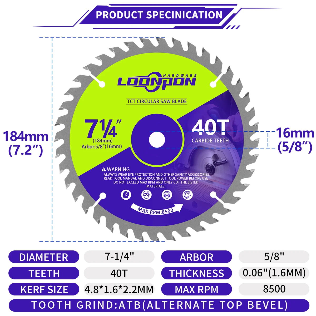 Imagem -03 - Polegada 184*16 mm Tct Carbide Saw Blade Madeira Disco de Corte para Madeira Fino Metal Plástico Workpiece Tsable Saw Angle Grinder 71