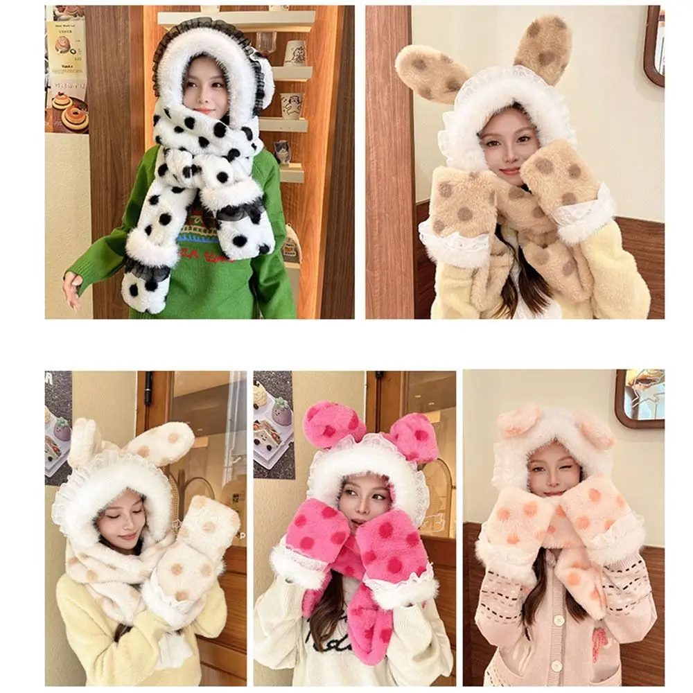 Cute Plush Plush Hat Three-piece Set Windproof Winter Scarf Warm Rabbit Ears Versatile Hat Winter