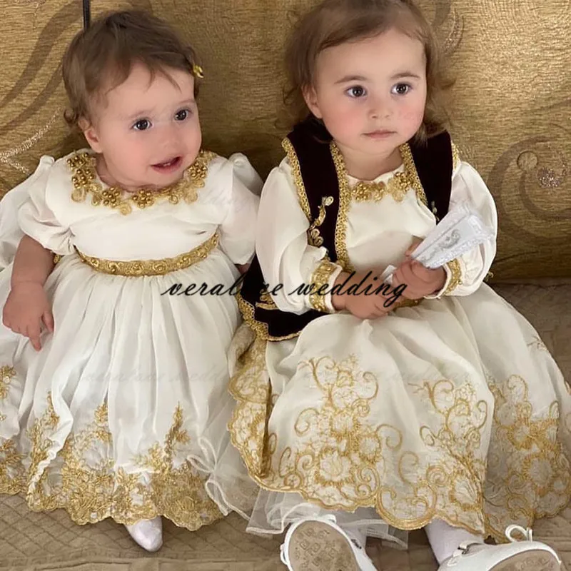 Customized Kosovo and Albanian Traditional Flower Girl Dress With Jacket Gold Appliques Girl Wedding Party Dress Prom Wear