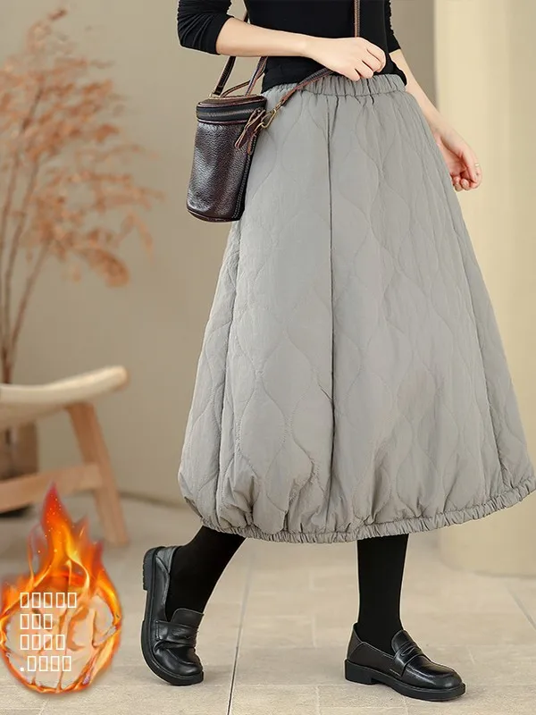 Thened القطن f تنورة مرونة الخصر منتفخ Sle منتصف طول شتاء جديد وصول عادية فضفاضة تناسب ارتداء اليومي تنورة #3