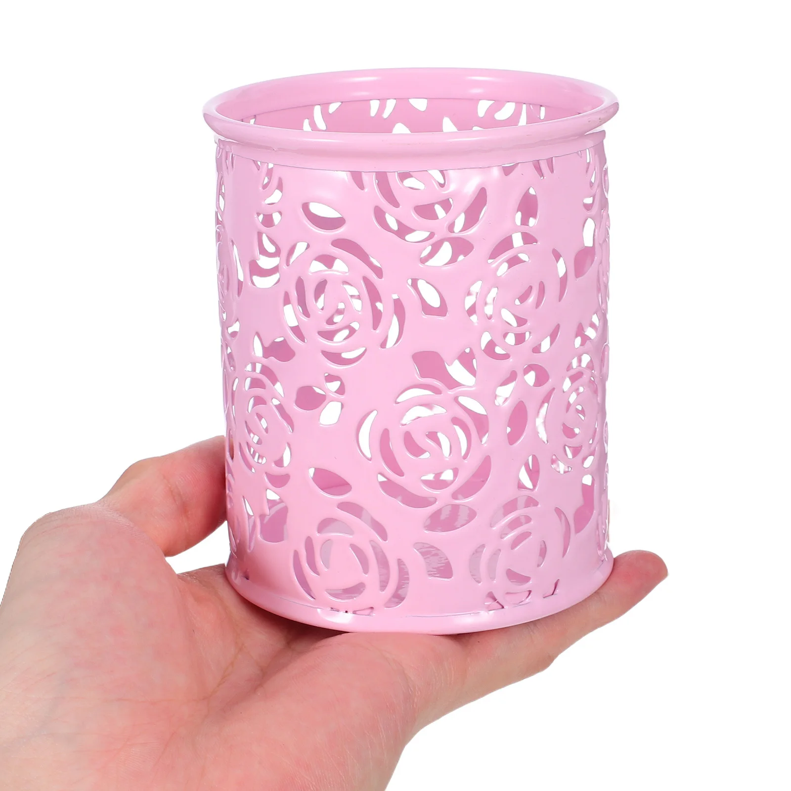 

Rose Flower Pen Holder Metal Pencil Container Hollow Design Desktop Organizer for Adults Decorative Storage Pot Pink
