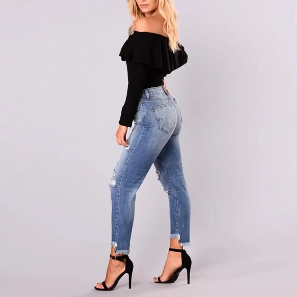 Versatile  Cool Ripped Hole Tassel High Waist Pencil Pants Skin-touching Cropped Jeans Distressed   Female Clothing