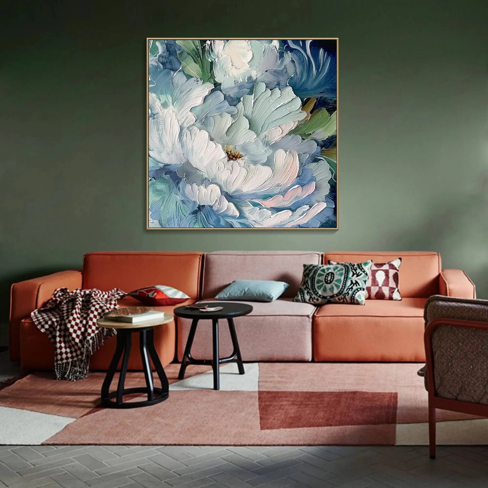 لوحة زيتية كبيرة على الطراز الفرنسي أنيقة باللون الأزرق الفاتح على شكل زهور، لوحة زيتية حديثة تجريدية، ديكور مثالي لغرفة المعيشة