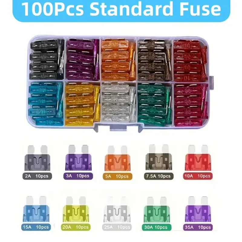 50-100PCS Car Fuse Assortment Set Profile Middle Size Blade Type Fuse Auto Car Truck 2-35A Fuse with Box Clip 10 Specifications
