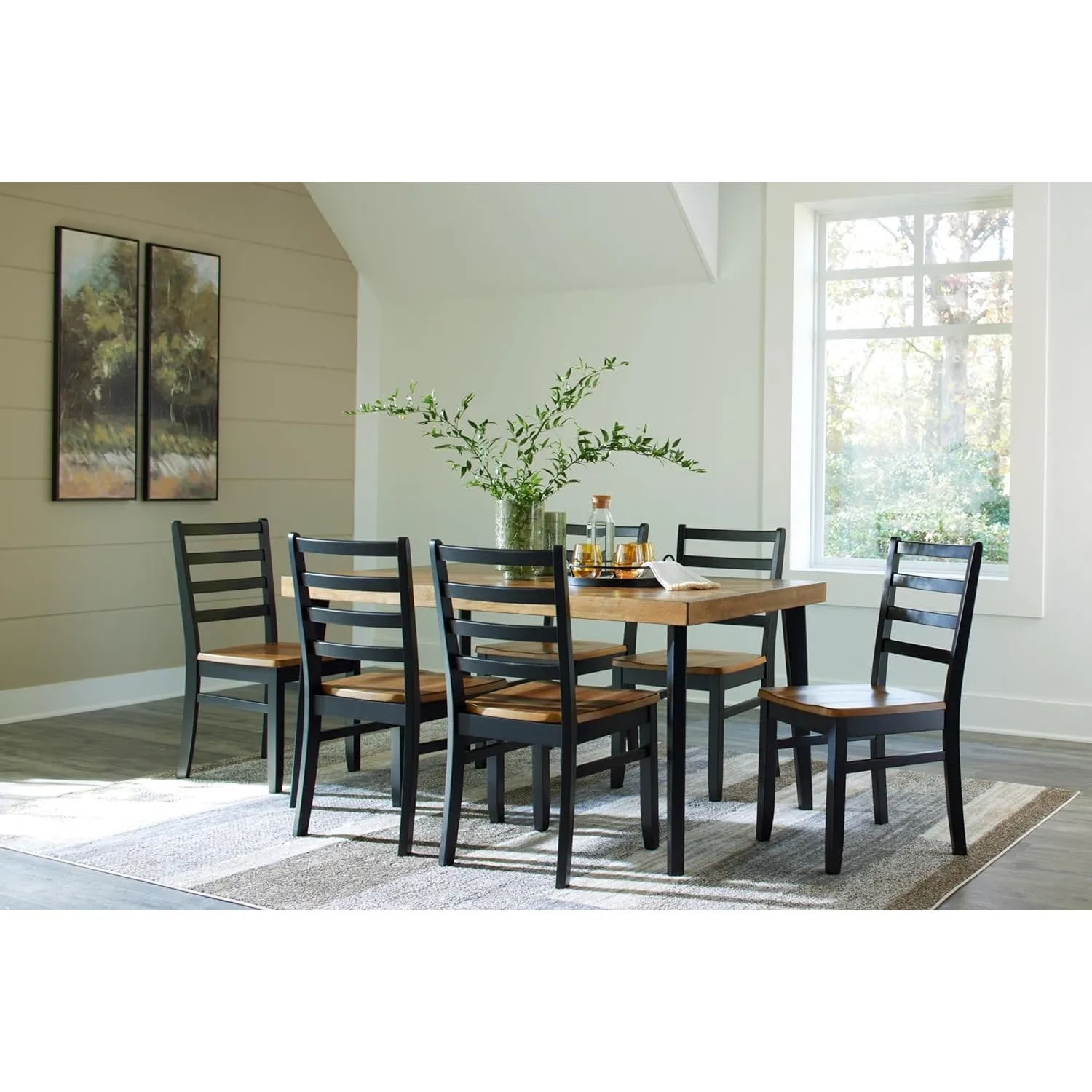 Blondon Rustic Chevron Dining Table and 6 Chairs, Set of 7, Black & Light Brown（60