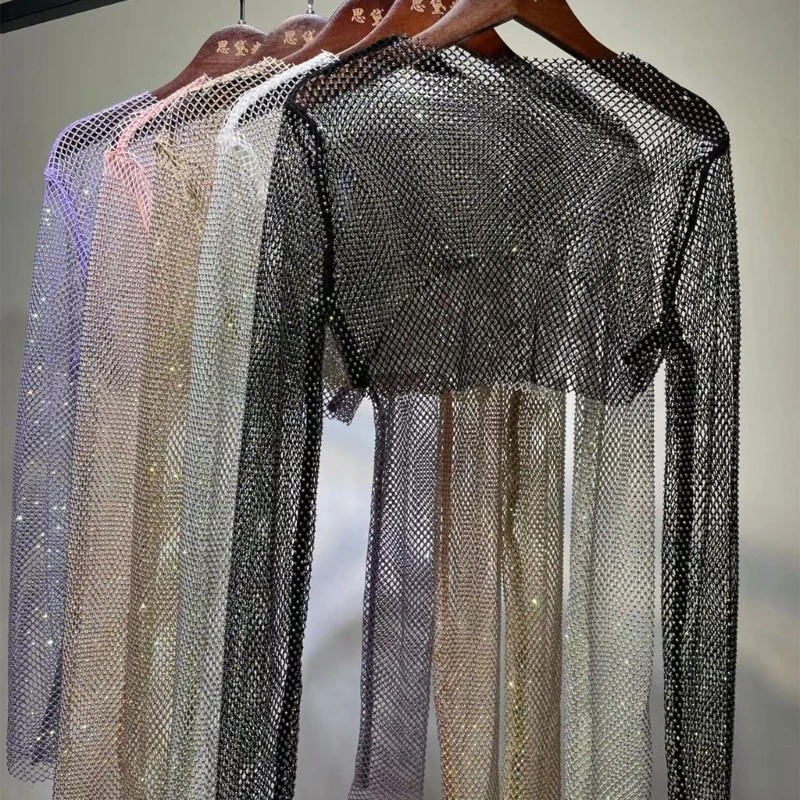 Strass colorido manga comprida Top de colheita das mulheres, brilho brilhante, xales de broca, encolher de ombros ver através arrastão cobrir, Clubwear