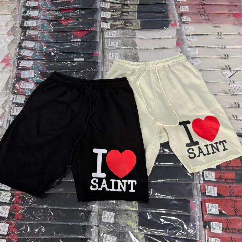 Men I Love Saint Heart Print Shorts Vintage Streetwear Loose Drawstring Raw Hem Summer Shorts