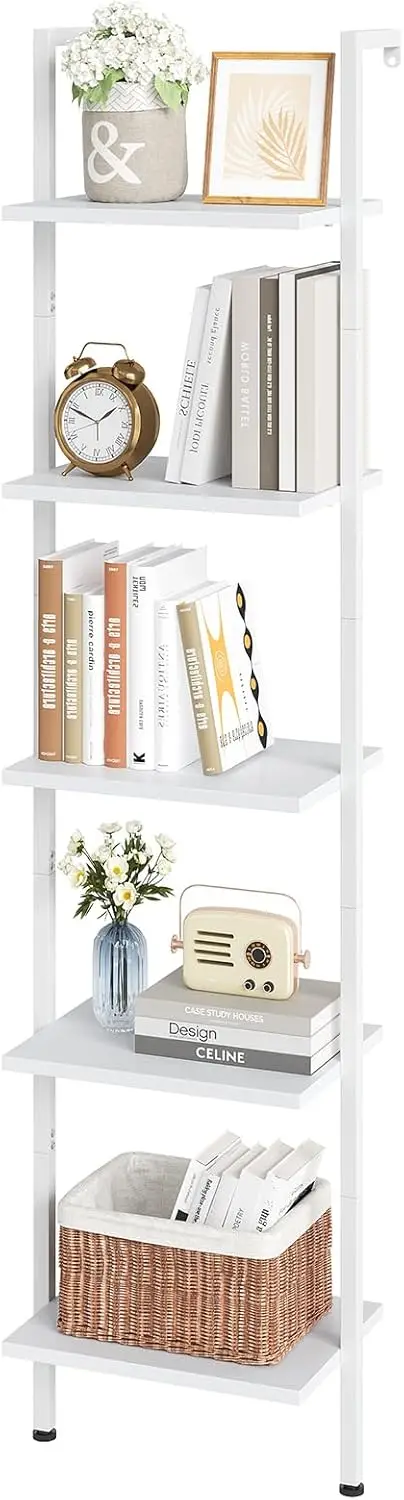 

NEW White 5-Tier Wood Wall Mounted Bookshelf with Metal Frame, Modern Open Display Organizer Rack, Leaning Storage Shelves