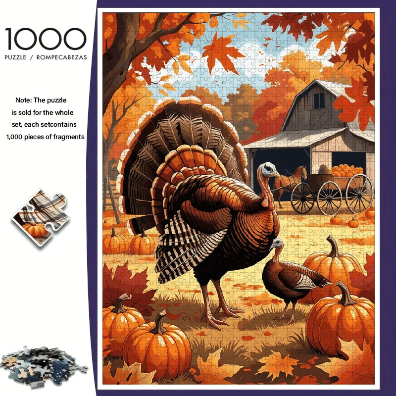 Rompecabezas grande para adultos y familiares, 1000 Uds., tema de pavo y peregrino, escena de granja de Nueva Inglaterra, hojas de otoño, tallos de maíz y rompecabezas