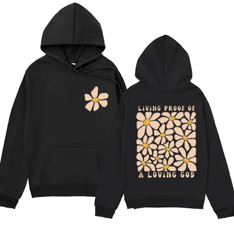 Funny Boho Living Proof of A Loving God Print Hoodies Men's Retro Christian Sublimation Wildflower Bible Verse Hooded Sweatshirt