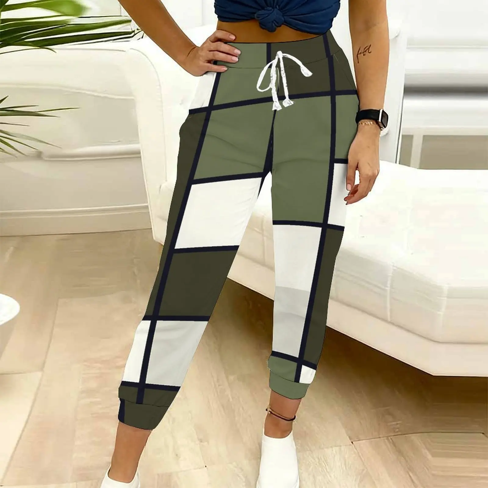 Women Casual Jogger Pants  Argyle Plaid Print Drawstring High Waist Sweatpants with Pockets Daily Loungewear Streetwear