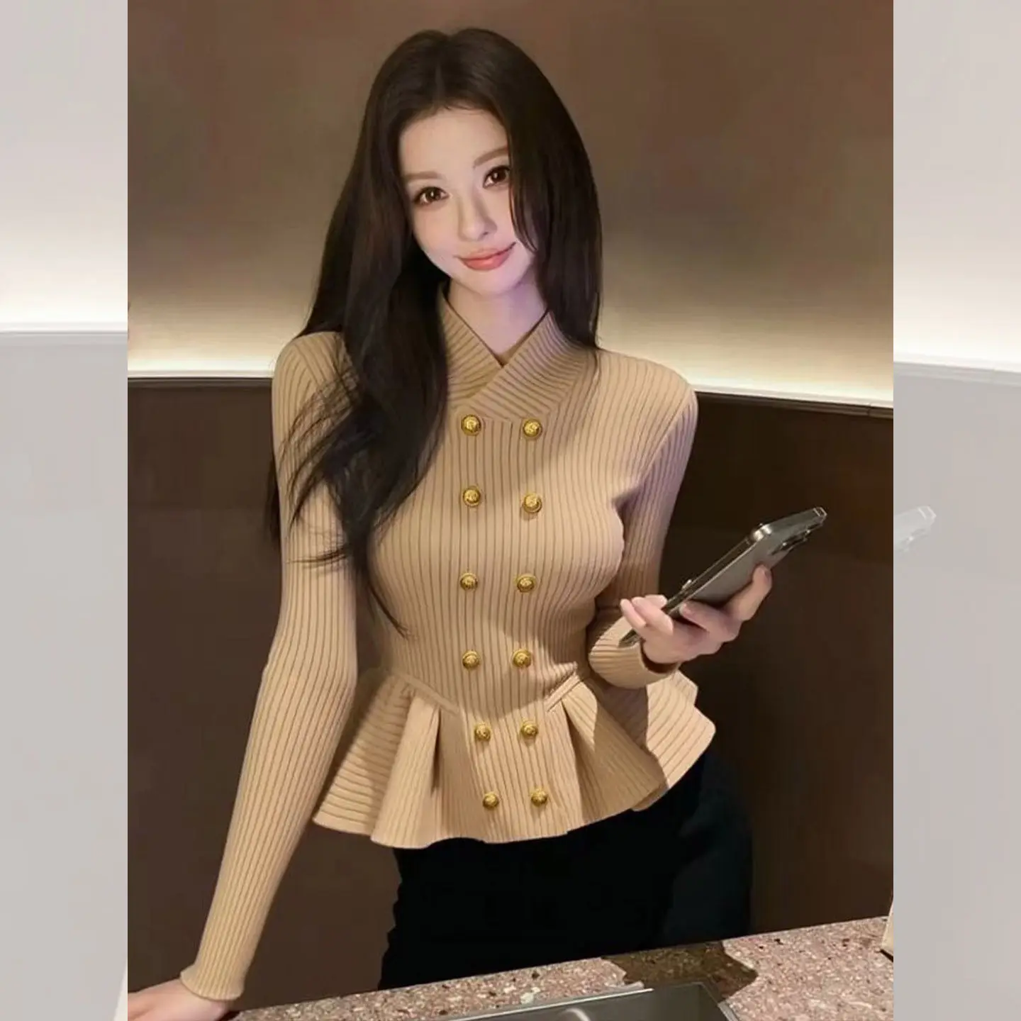 

2026 новые весенние женские модные вязаные топы с оборками для женщин, элегантный двубортный повседневный трикотаж с длинными рукавами