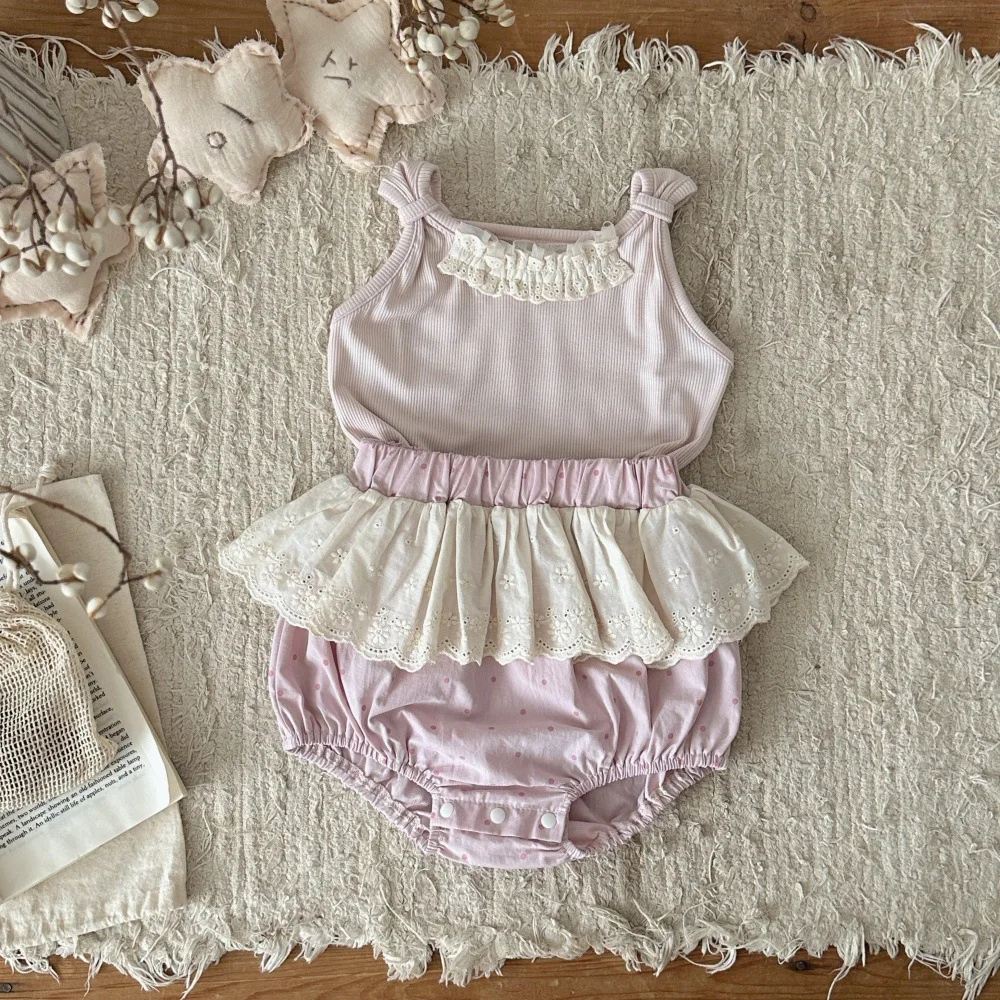 

2026 Summer New Baby Girl Sleeveless Clothes Set Infant Girl Sling Vest + Lace Shorts 2pcs Suit Cotton Princess Toddler Outfits