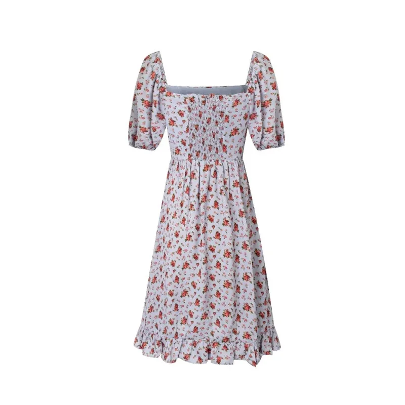 

French Retro Floral Square Collar Bubble Sleeve Dress New Waist Slim Ruffled Temperament Short Skirt Woman