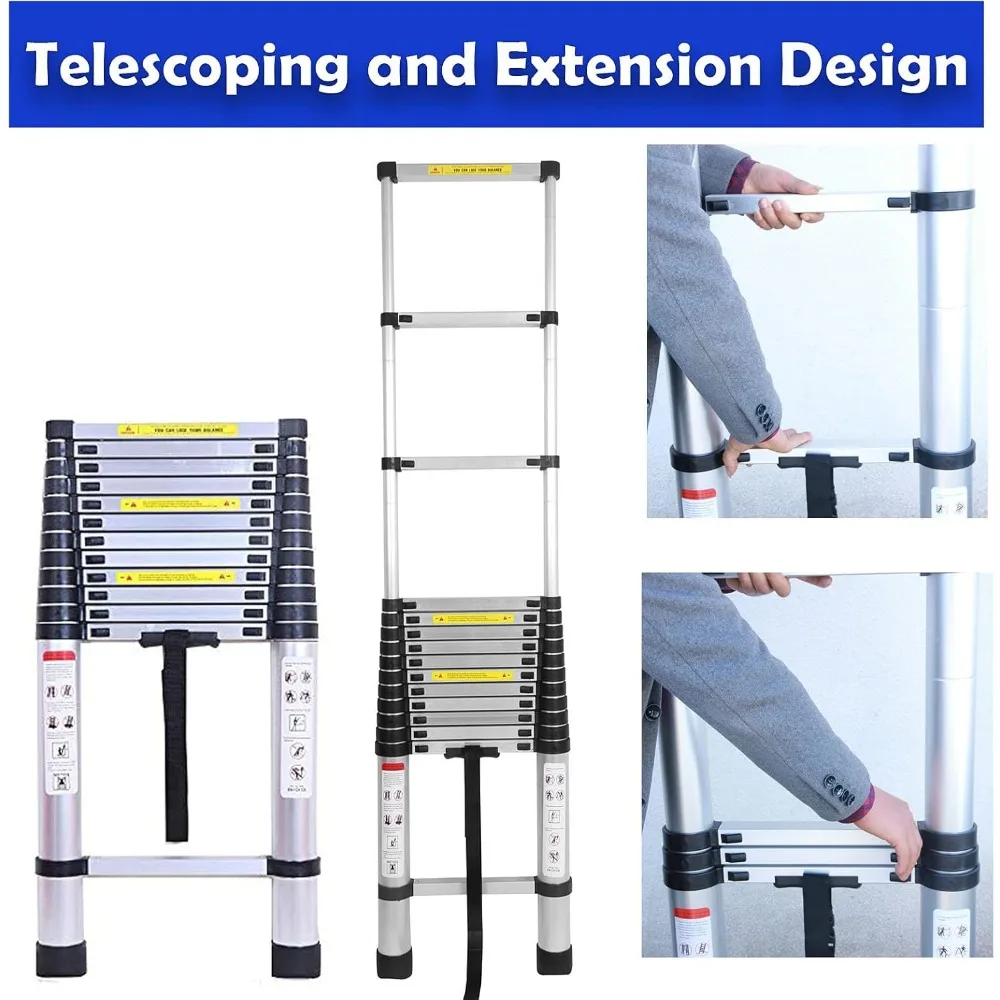 سلم تصغير من الألومنيوم - امتداد 16.5 قدمًا، 13 خطوة، محمول DIY، مطوي 3.2 قدمًا، شديد التحمل، مع خطافات قابلة للكشف #4