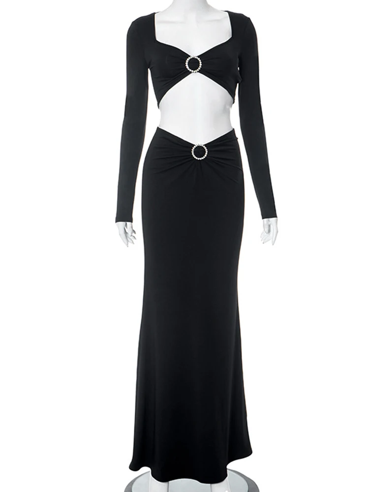 ByeMyLove 섹시한 컷 아웃 파티 드레스, 긴팔 스키니, 할로우 아웃, 슬림 이브닝, 섹시한 긴 드레스, 여성 패션, 가을 신상