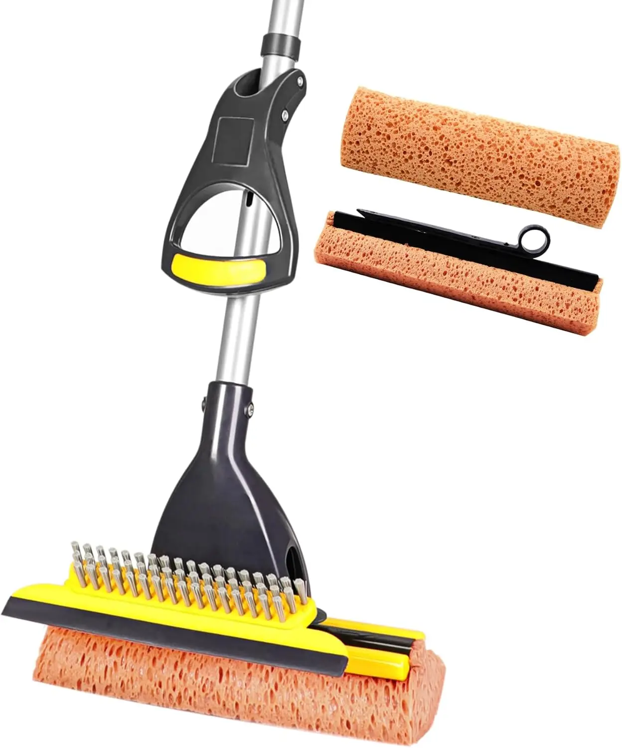 

Adjustable Telescopic Sponge Mop with Squeegee, 2 Honeycomb Heads for Tile Floor Cleaning, Home and Commercial Use