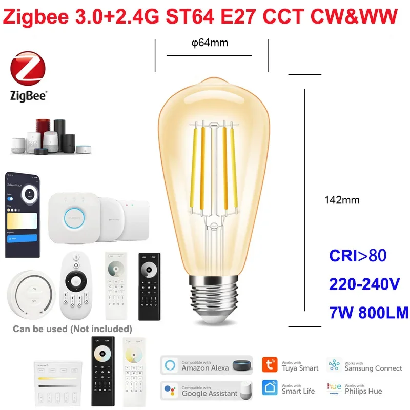 Bohlam LED E27 220V 7W G95 A60 ST64 Pintar Dapat Diredupkan 2.4G RF Klasik Retro Edison Filamen Antik Ganda Putih 2200K-6500K