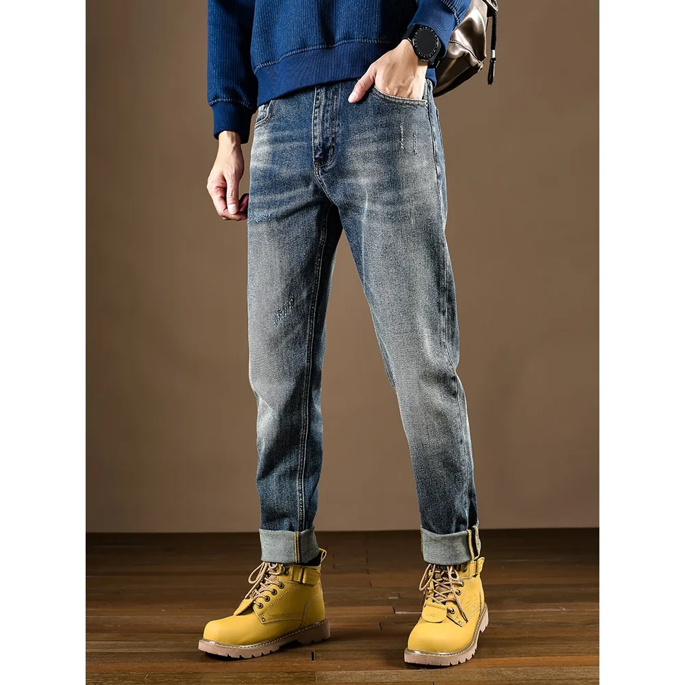 High Quality Spring and Autumn American Retro Blue Men's Jeans Slim Fit Elastic Small Feet Casual Jeans Skinny Jeans Men