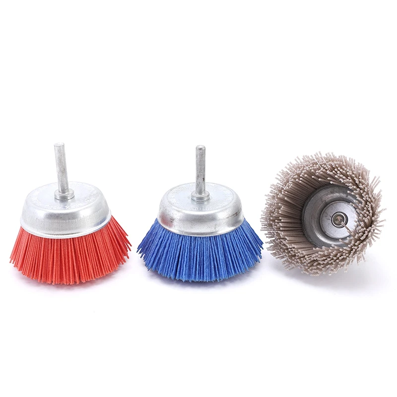 3Pcs 3Inch Nylon Filament Abrasive Wire Cup Brush Kit with 1/4 Inch Shank, Include Fine Medium Coarse Grit Removal Rust