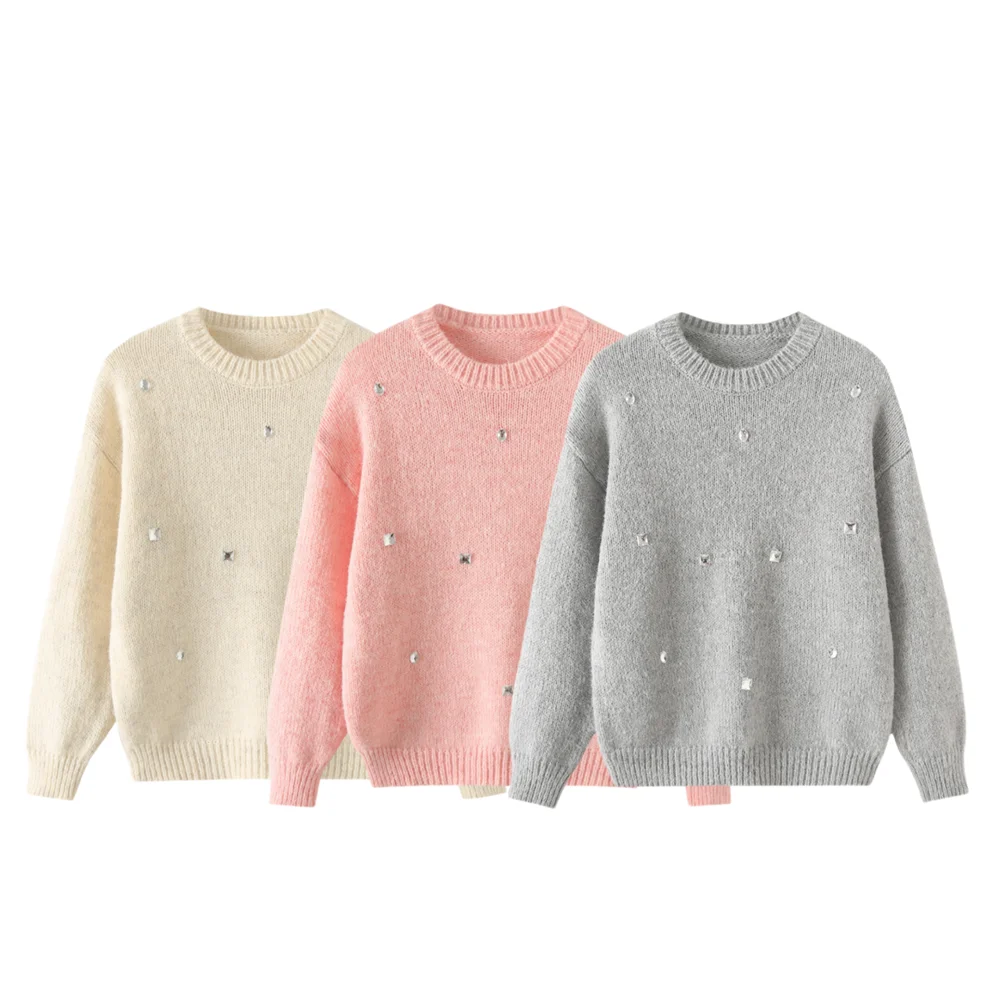 

PB&ZA Autumn New Women's 2024 Versatile Round Neck Embroidered Diamond Solid Color Loose Knitted Hoodie