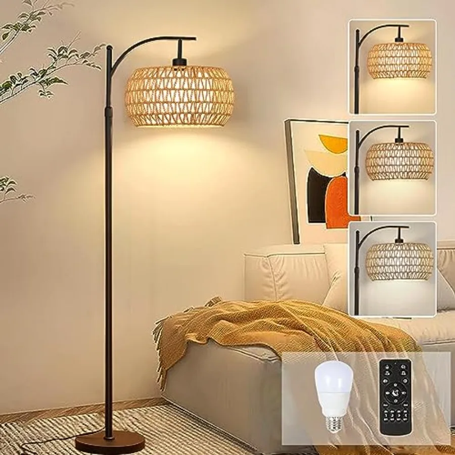 

Arc Floor Lamps for Living Room Rattan Boho Floor Lamp with Remote ControlDimmable LED Floor Lamps Wicker Lamp Shades Black Sta