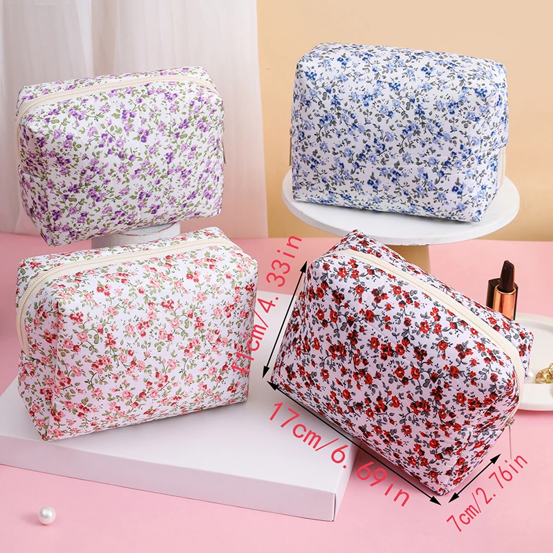 Bolsa de cosméticos con estampado de flores, organizador de almacenamiento de maquillaje con cremallera, bolso de aseo, bolsa de cosméticos de viaje