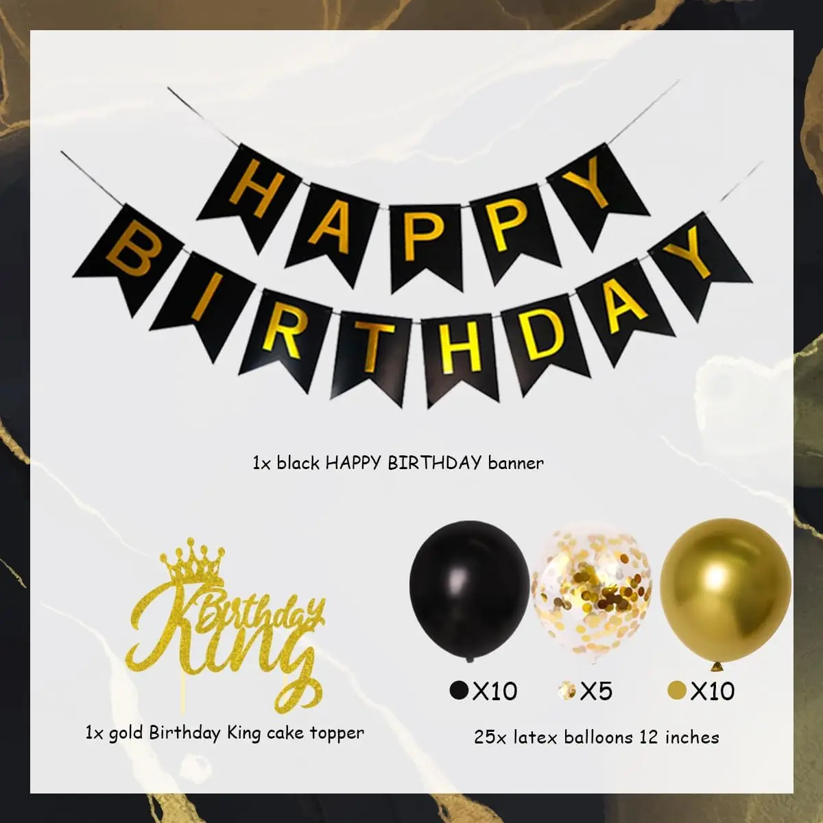 Joymemo Black and Gold Crown Balloons Set with Happy Birthday Banner Cake Topper Men Women Birthdays Party Supplies Decorations