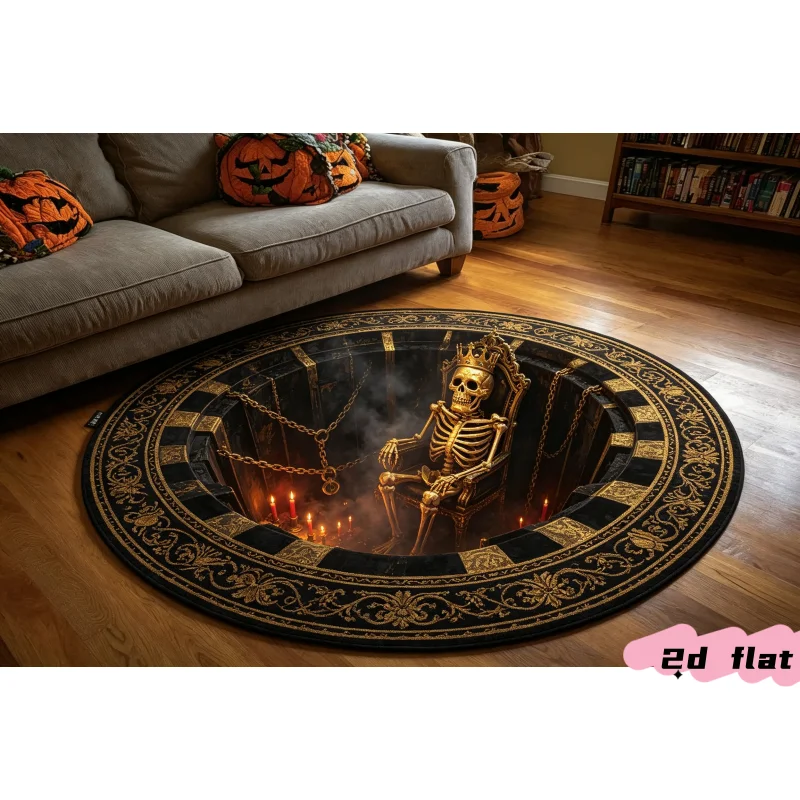 Round Halloween Skeleton Area Carpet 2D Illusion Skeleton King Throne Candle Art Graphic Design Rug for Living Bedroom Decor