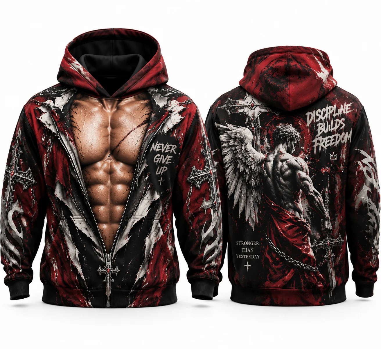 Oversized Gothic Hoodie for Men & Women, Fake Unzipped 3D Muscle Illusion, Dark Splash‑Paint Back‑Print Pullover, Family Gift